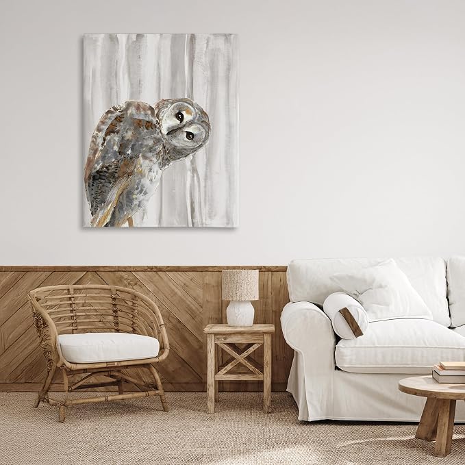 Peeking Owl Gaze Woodland, 30 x 40 Inch Canvas Wall Art | Stupell Industries · By Patti Mann · Ready to hang · Printed in Johnston · Rhode Island · Made in USA