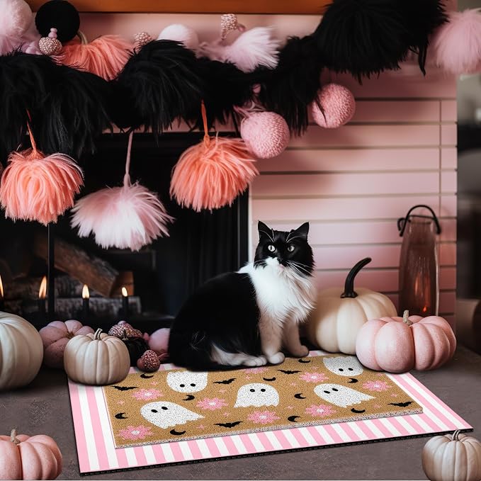 Tinideya 2 Pcs Pink Halloween Layered Doormat Set, Ghost Coir Doormat with Pink White Striped Rug, Cute Halloween Welcome Mats for Front Door Porch Entryway Outdoor Fall Decor