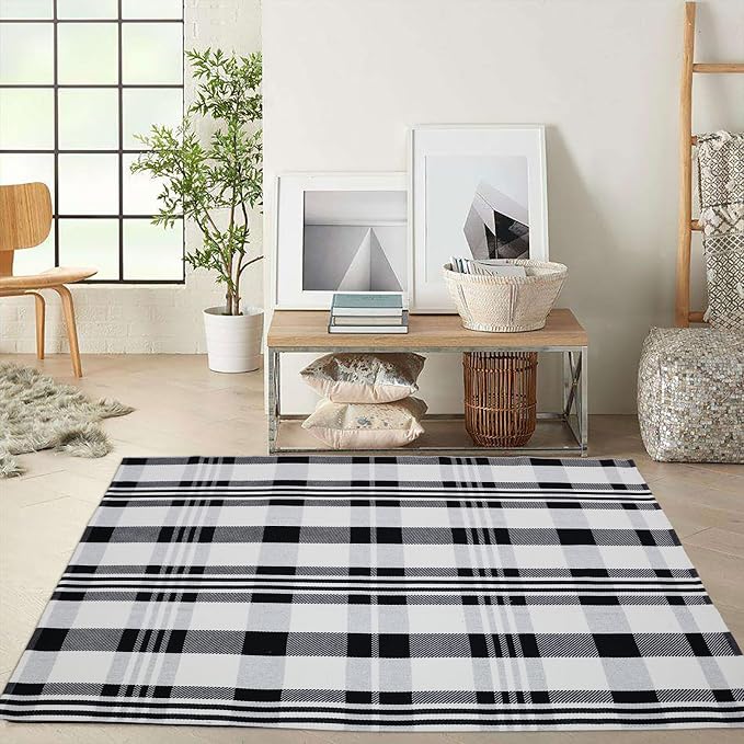 Fall Décor Plaid Rug, 3' x 5' Black&White Check Indoor/Outdoor Area Rug, Layering Rug for Hello/Welcome Door Mat, Machine Washable Cotton Woven Rugs for Farmhouse Front Porch, Entryway