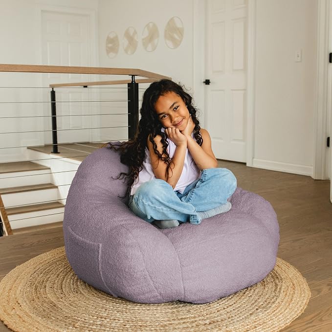 Big Joe Cloudberry Bean Bag Chair, Foam-Filled Structured Seat, Teddy Boucle, Lilac, Kids