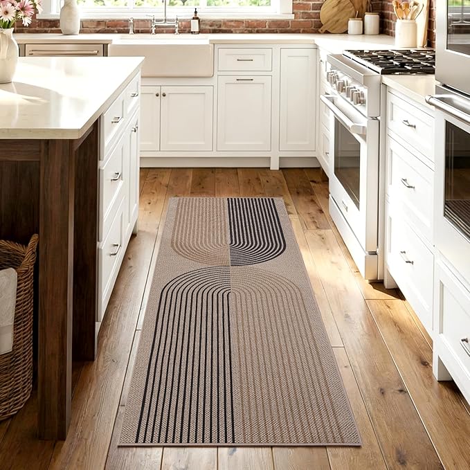 COZYLOOM 2x6 Striped Kitchen Rugs Non Slip Washable, Easy Jute Runner Rug for Hallway, Non Shedding Stain Resistant Foldable Geometric Farmhouse Mats for Entryway, Bedroom, Patio, Nature/Tan