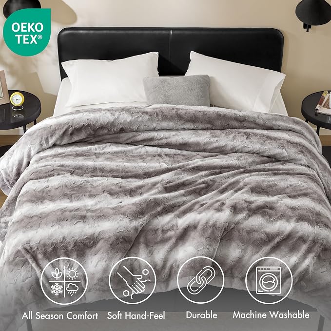 Madison Park Zuri Ultra Soft Faux Fur King Blanket Reversible, Grey | Ultra Soft, Breathable Fabric for Bed or Couch, Lightweight, Plush, OEKO-TEX Certified