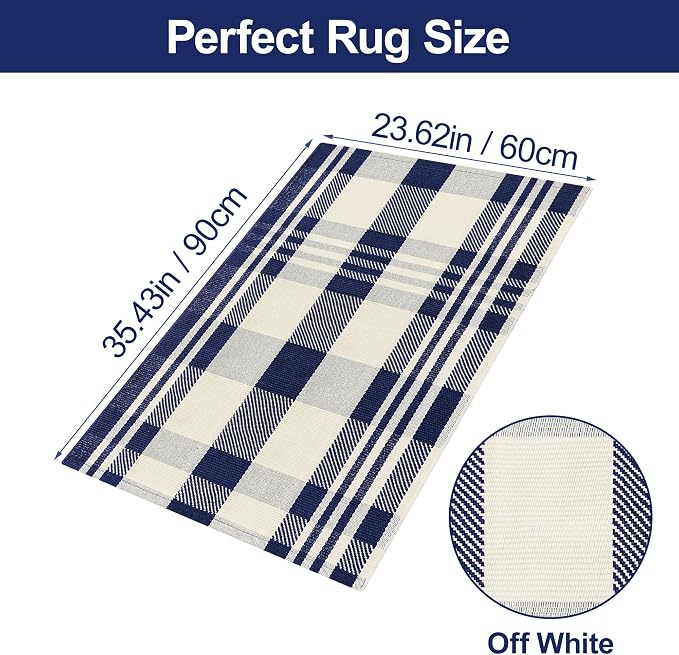Buffalo Plaid Outdoor Rug 2x3 Navy and Off White Cotton Woven Area Rug Front Porch Mats Washable Indoor Outdoor Doormats Carpet for Entryway Farmhouse Decor