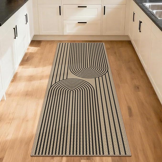 Faux Jute Hallway Runner Rug, 2' x 6' Kitchen Runner, Black Farmhouse Ultra-Thin Washable Non-Slip Carpet Runner for Laundry, Bedroom, Backyard, Outdoor, Home Decor
