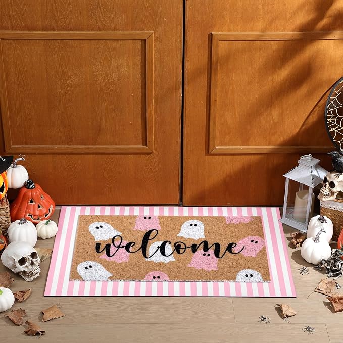 Tinideya 2 Pcs Pink Halloween Welcome Mats for Front Door, Cute Ghost Coir Doormat with Pink White Striped Rug, Layered Doormat Set for Front Porch Entryway Outdoor Fall Decor