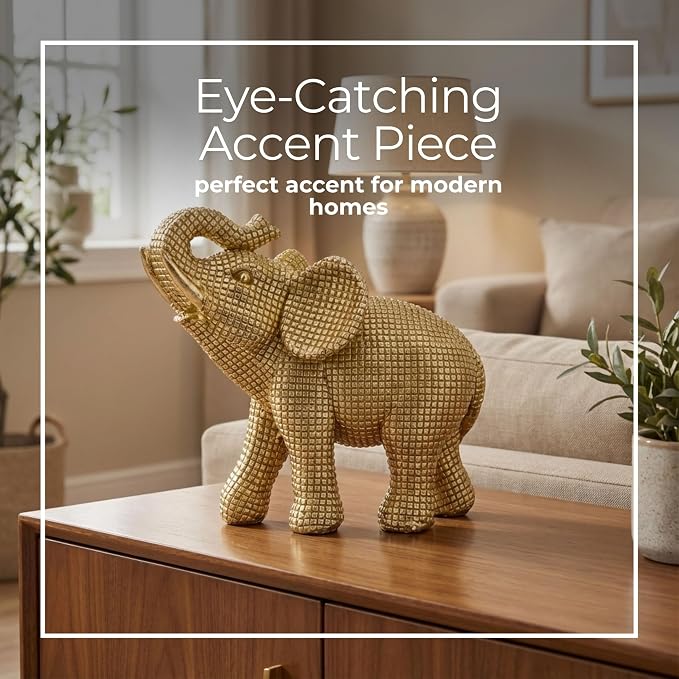 Decorative Resin Elephant Figurine for Home and Bathroom Decor - Ornament Statue for Office Desk, Living Room, or Shelf Styling - Elegant Accent for Entryway and Coffee Table - 7", Gold & Metallic