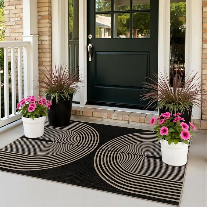 Rugalia Easy Jute Small Outdoor Patio Rug, 3x5 Black Rainbow Entryway Rug Washable Non-Slip Modern Kitchen Rugs, Neutral Farmhouse Boho Throw Carpet for Outdoor Living Room Porch Backyard