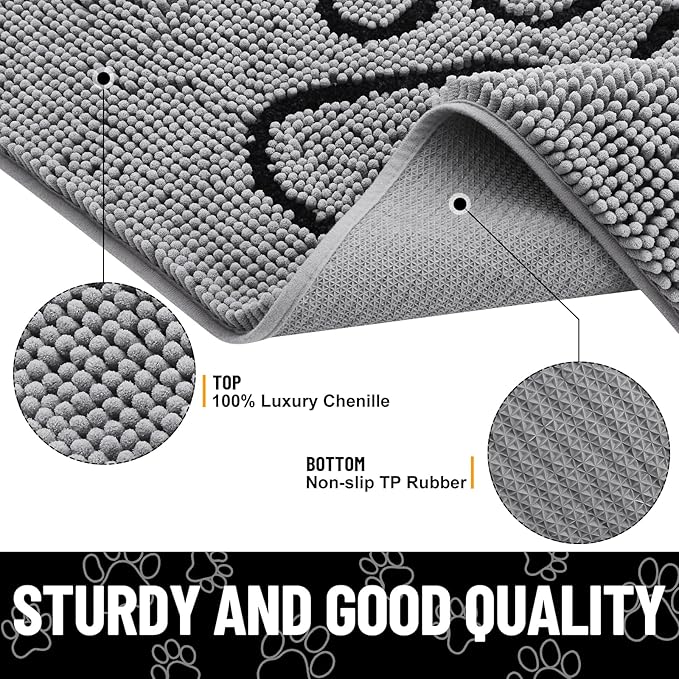 Smiry Dog Door Mat for Muddy Paws, Absorbent Dirt Trapper Non Slip Quick Dry Washable Chenille Mat for Mud Dogs, Entry Rug for Indoor and Outdoor (59x20 Inches, Grey and Black)