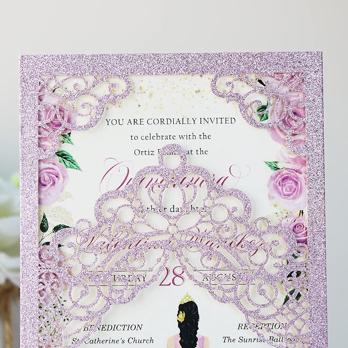 Hosmsua 50PCS 5.1x7.3 Inch Blank Purple Glitter Quinceanera Invitations Kit Laser Cut Floral Crown Pocket Quinceañera Invitation with Envelopes for Birthday Bridal Shower Quince Invite