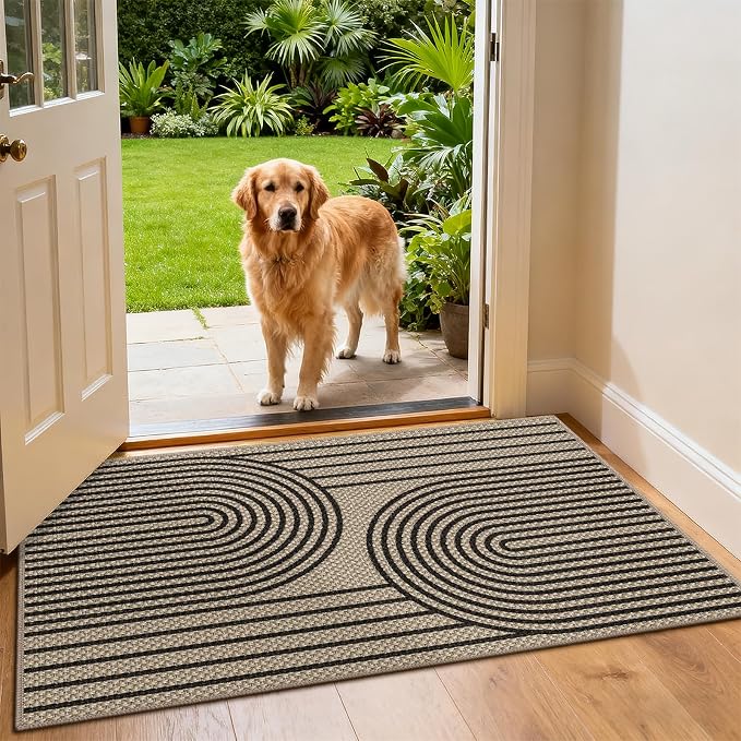 Faux Jute Front Door Mat, 2' x 3' Entryway Porch Rug, Black Farmhouse Ultra-Thin Washable Non-Slip Mat for Indoor Foyer & Outdoor Patio Decor