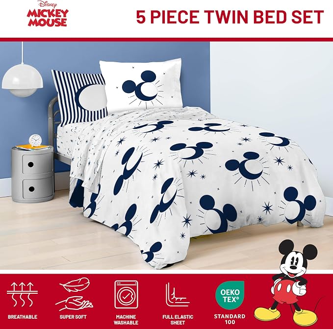 Disney Mickey Mouse Twin Comforter Set 5 Piece Celestial Bedding, White | Bed in a Bag, Comforter Sheets Sham Pillowcase, Official Product, Soft Microfiber, Machine Washable, Easy Care
