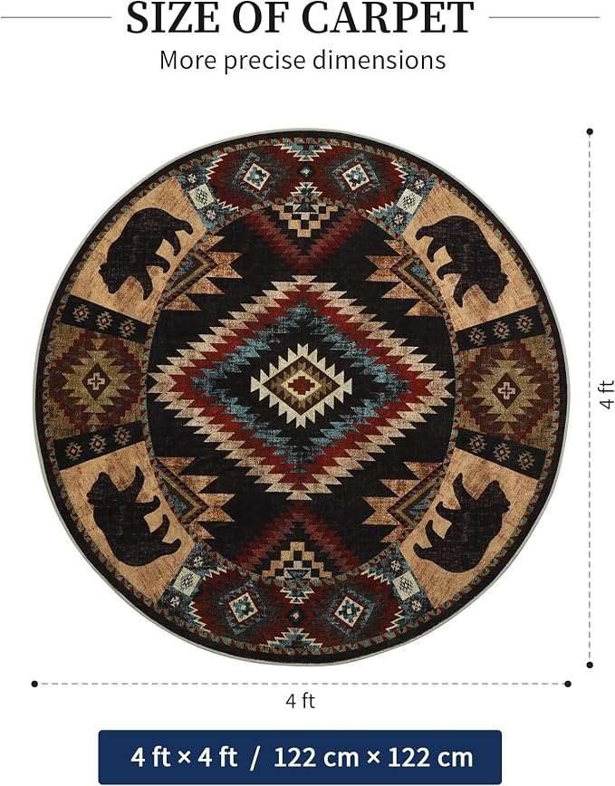 YIHOUSE Southwestern Round Rug 4ft, Low Pile Soft Circle Rug with Non-Slip Backing, Western Rustic Washable Rugs for Living Room, Bedroom
