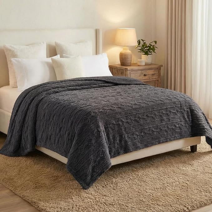 SUPERIOR Fleece Boho Jacquard Blanket, Decorative Blankets for Bedroom, Sofa, Fuzzy, Plush, Fluffy, Soft, Cute Room Decor, Beautiful Cover, Comfort Essentials, Arctic Collection, King, Charcoal