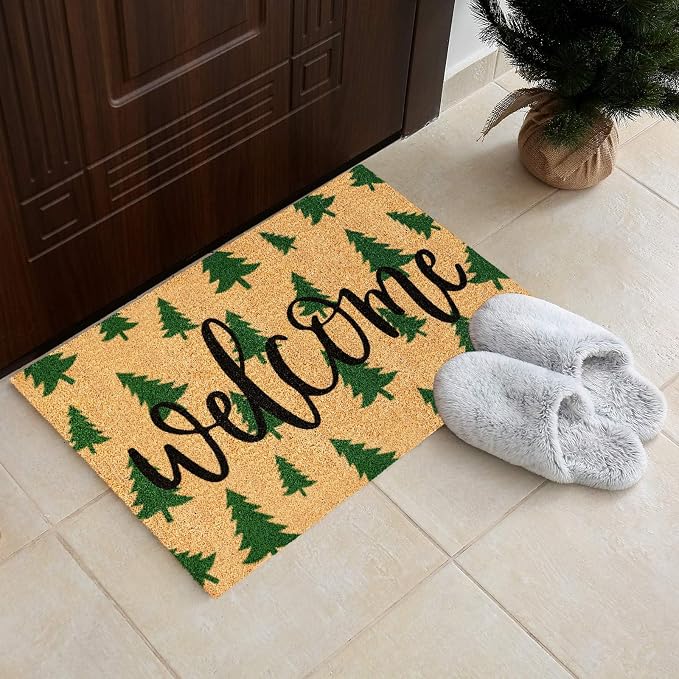 JarThenaAMCS Christmas Tree Door Mat 16.5 x 29 Inch Christmas Coir Doormat Green Xmas Tree Welcome Floor Mat Non-Slip Entrance Door Rugs for Indoor Outdoor Bathroom Decor