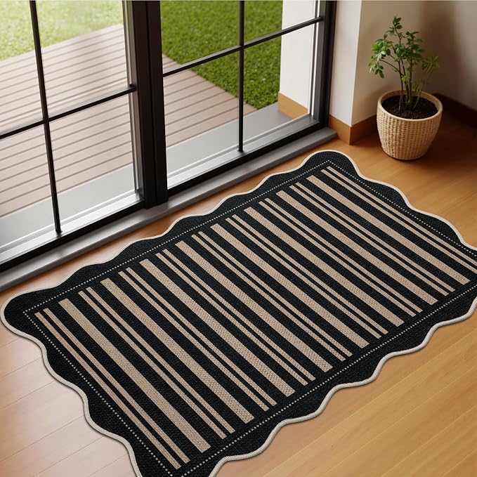 EDIMENS 2x3 Front Door Mat Easy Jute Scalloped Doormat Small Entryway Rug | Striped Non-Slip Washable Area Rug Low Pile Black Indoor Outdoor Farmhouse for Entrance Entry Front Porch Doorway