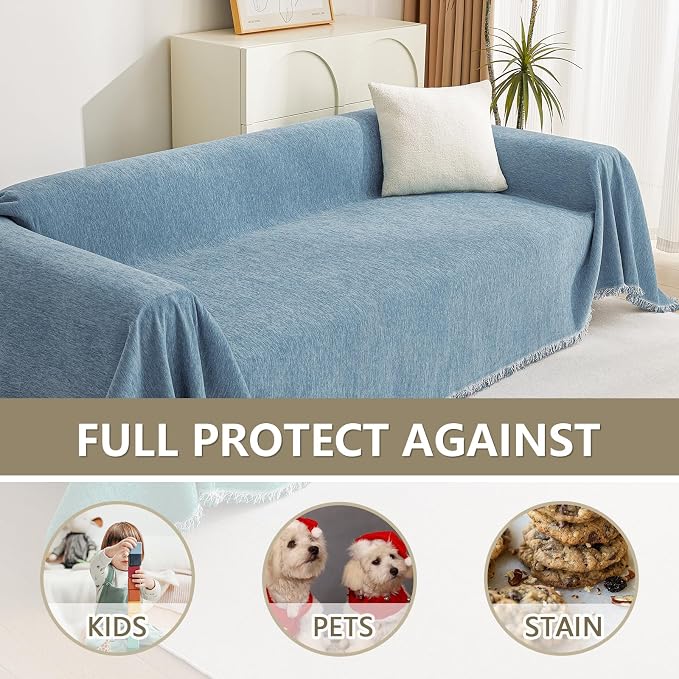 MYSKY HOME Couch Cover Sofa Covers, Sectional Couch Covers for 3 Cushion Couch Sofa, Chenille Sofa Slipcovers, Futon Covers, Machine Washable, Soft Furniture Protector for Kid, 91" x 134", Blue