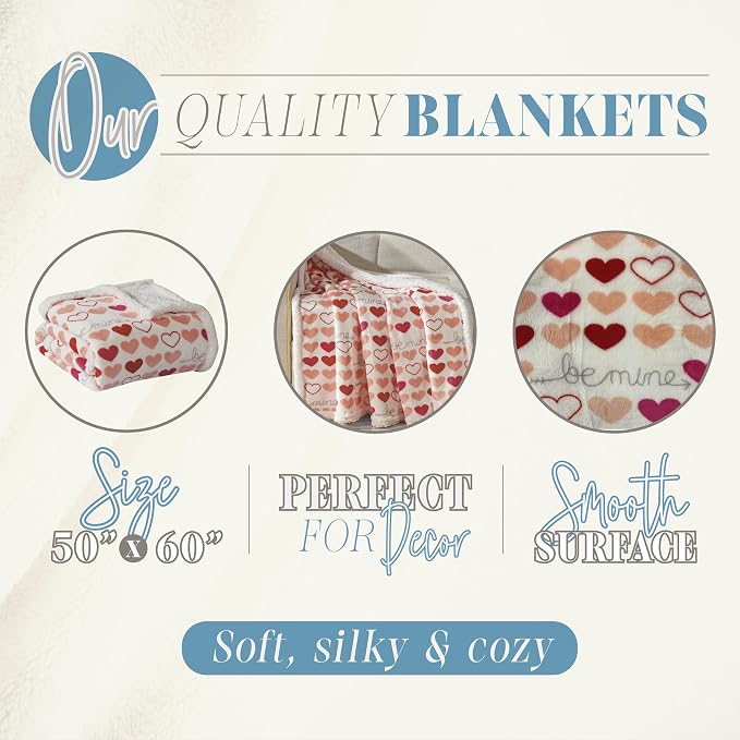Elegant Comfort Luxury Valentine’s Day Sherpa Throw Blanket Ultra-Soft Cozy Velvet Pink Hearts Fleece Throw-Micromink Sherpa for Her, Wife, Girlfriend, Sherpa Reversible Blanket- Isabella