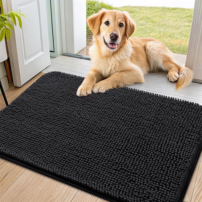 Smiry Dog Door Mat for Muddy Paws 36x24, Absorbent Dirt Trapper, Non-Slip Washable Chenille Entryway Rug for Inside Floor, Black, Classic Solid