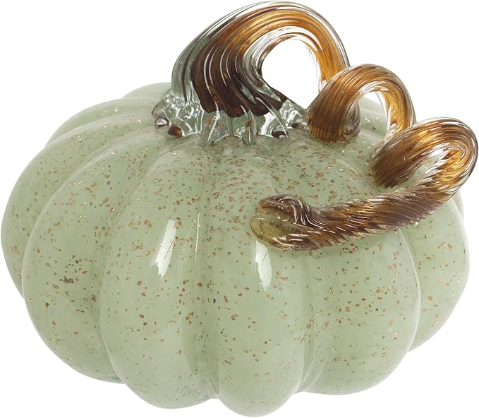 Boston International Handblown Art Glass Pumpkin Thanksgiving Halloween Decorations for Home, Small, Seafoam & Gold Speckled