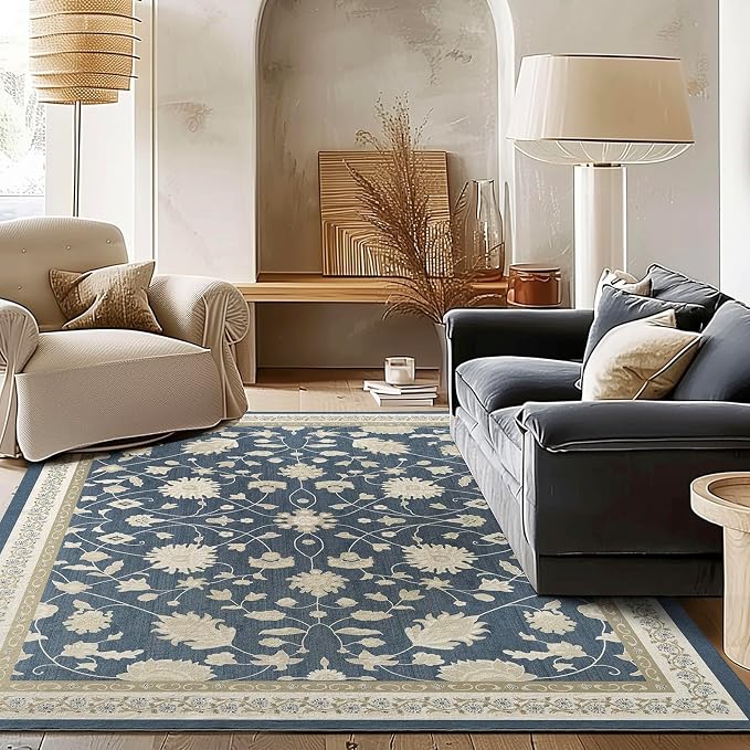 EVERGRACE Area Rugs for Living Room 6x9, Boho Floral Faux Wool Indoor Outdoor Rugs, Washable Rugs for Bedroom Dining Room Entryway Kitchen, Low Pile Floor Mat Carpet for Home Decor, Navy Blue