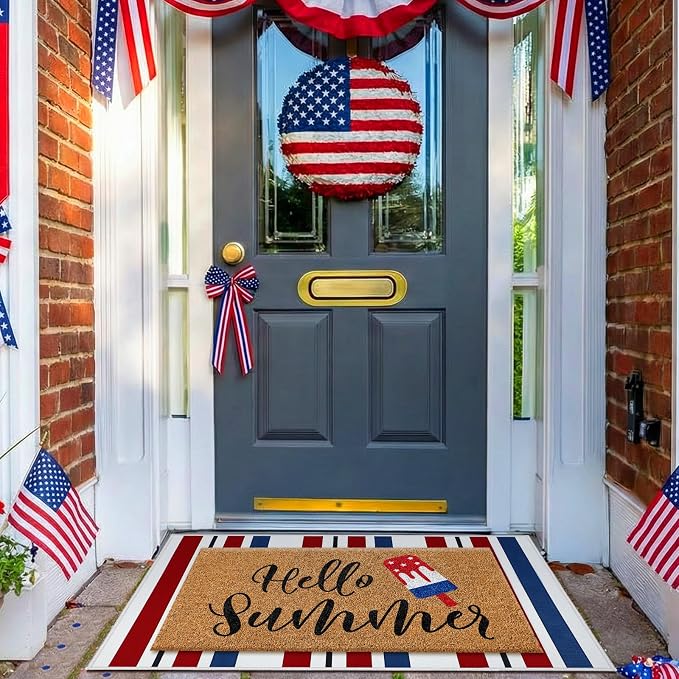 Moucuny 2 Pcs Patriotic Door Mat Hello Summer 4th of July Coir Door Mat Outdoor 250 Anniversary Red White Blue Stripe Welcome Rug Non-Slip Independence Day Doormat Outside Porch Front Decor