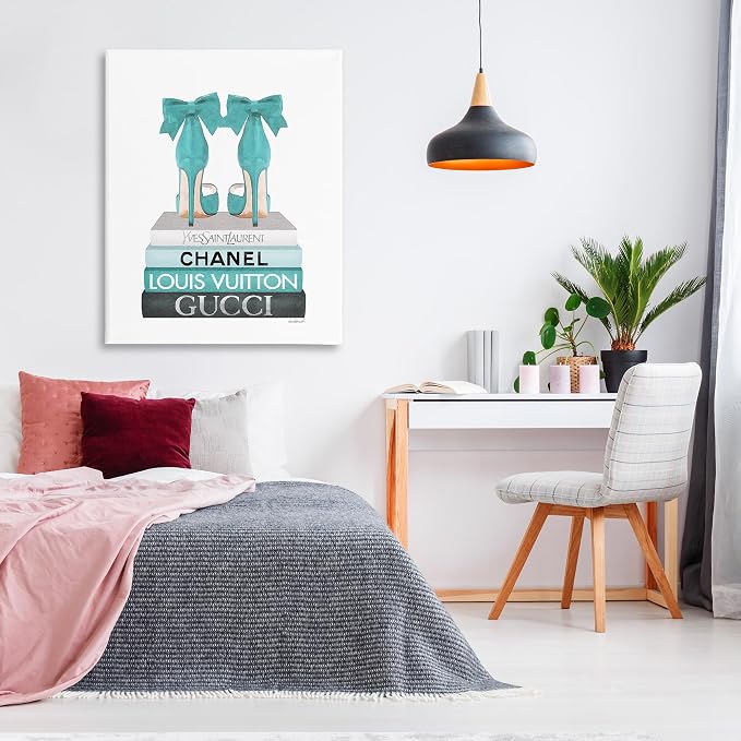 Stupell Industries 'Turquoise Bow Heels on Books', Canvas Art, 36 x 48 Inches, Easy to Hang and Sturdy, Made in USA, by Amanda Greenwood | Stupell Industries | 36 x 48 Inches, Easy to Hang and Sturdy, Made in USA, by Amanda Greenwood