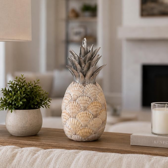 Sagebrook Home Unique 12" Seashell Pineapple Decorative Object, Polyresin Multi-Color Accent Piece for Home Elegance and Coastal Charm