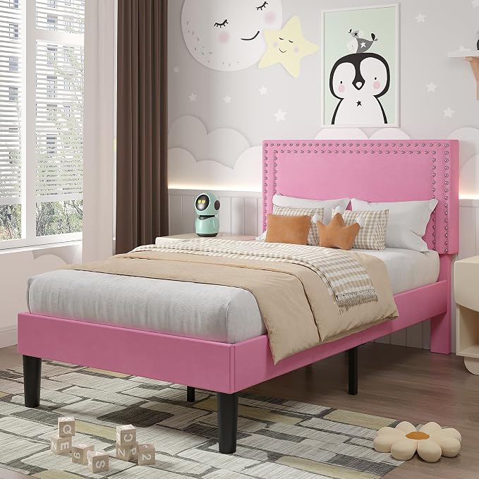 VECELO Twin Size Platform Bed Frame with Height Adjustable Upholstered Headboard, Modern Mattress Foundation,Strong Wood Slat Support, No Box Spring Needed, Easy Assembly,Pink