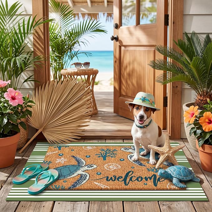 Moucuny 2 Pcs Summer Beach Coir Door Mat Coastal Sea Turtle Doormat 24'' x 35'' Green and White Striped Outdoor Rug 16'' x 28'' Ocean Beach Non Slip Seasonal Welcome Doormat for Porch Front Decor
