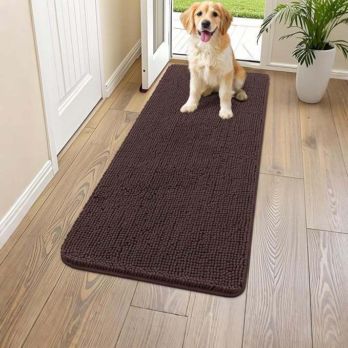 Smiry Dog Door Mat for Muddy Paws 47x24, Absorbent Dirt Trapper, Non-Slip Washable Chenille Entryway Rug for Inside Floor, Brown, Classic Solid