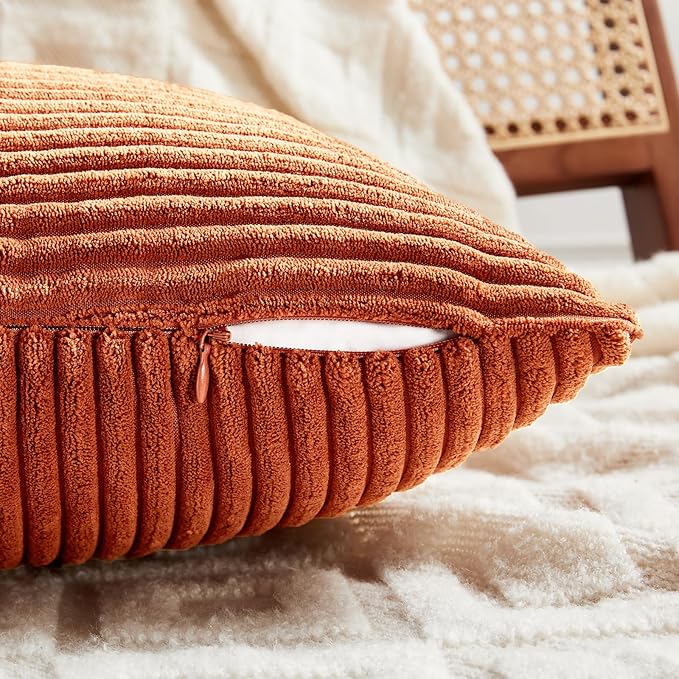 Fancy Homi Set of 2 Burnt Orange Decorative Throw Pillow Covers 28x28 Inch for Living Room Couch Bed, Boho Farmhouse Fall Home Decor, Soft Corss Corduroy Patchwork Textured Cushion Case 71x71 cm