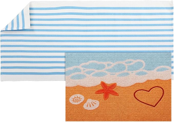 2 Pcs Outdoor Door Mat Combo Set Layered Outdoor Rug and Coir Welcome Doormat Non Slip Outside Floor Mat for Front Porch Entryway Patio Yard Decor(Beach Coastal,24'' X 51',18'' X 28'')