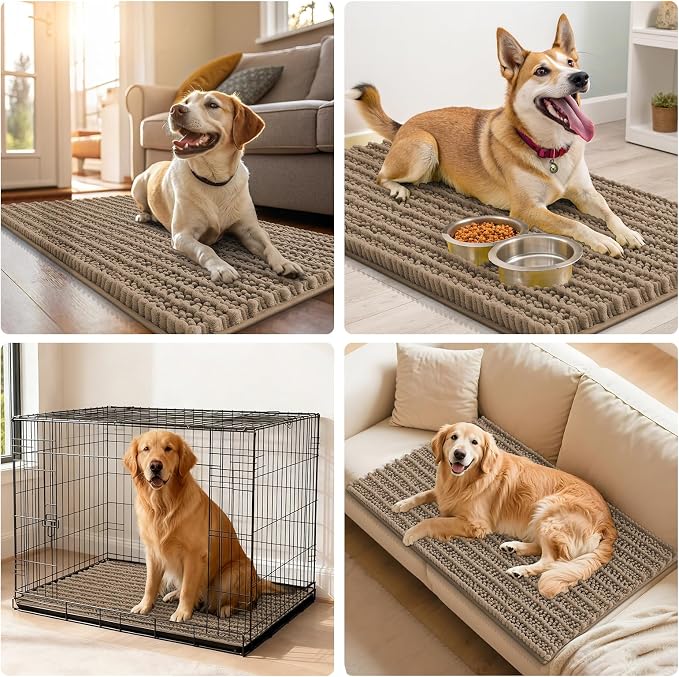 Smiry Dog Door Mat for Muddy Paws 34x21, Absorbent Dirt Trapper, Non-Slip Washable Chenille Entryway Rug for Inside Floor, Camel, Layered Pattern