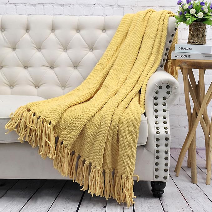 Home Soft Things Yellow Throw Blanket Knitted Tweed Throw 50'' x 60'', Jojoba Yellow, Super Soft Cozy Warm Comfortable Breathable Throw for Living Room Chair Couch Bed Sofa Bedroom Home Décor