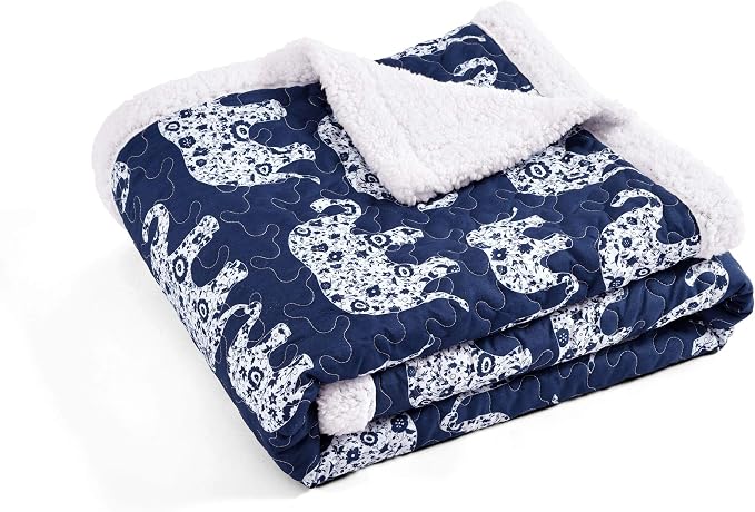 Lush Decor Navy Elephant Parade Throw Fuzzy Reversible Sherpa Blanket 60” x 50 White