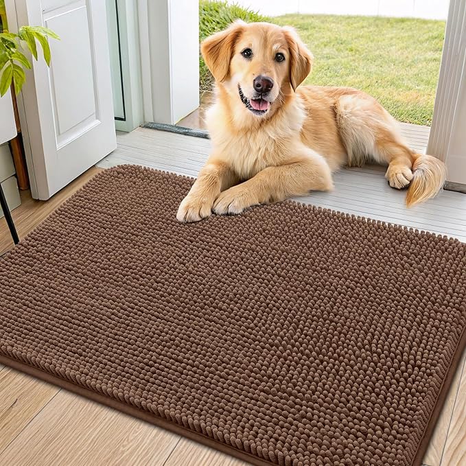 Smiry Dog Door Mat for Muddy Paws 36x24, Absorbent Dirt Trapper, Non-Slip Washable Chenille Entryway Rug for Inside Floor, Mocha, Classic Solid