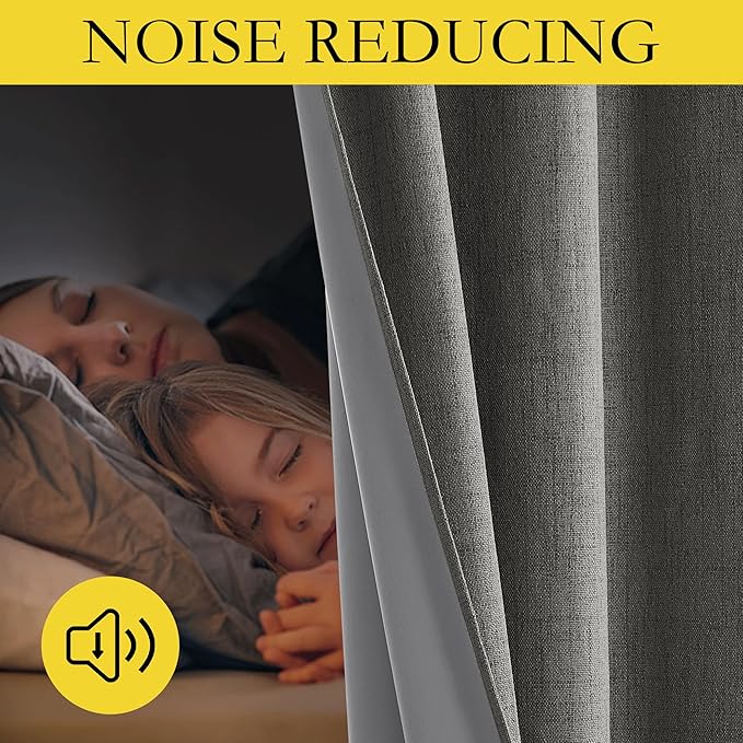 NICETOWN Grizzle Gray Vintage Linen 100% Blackout Curtains for Living Room, Thermal Insulated Curtains 102" Long, Noise Reducing Window Treatment Drapes for Hall Room, 52" Wide Per Panel, Set of 2