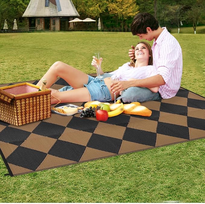 GarveeLife 9x18 Outdoor Rug for Patio Reversible, Plastic Straw Rug Waterproof Camping Rug Portable, Foldable Lightweight Mat for RV, Patio, Backyard, Deck, Picnic, Beach (Black/Brown)