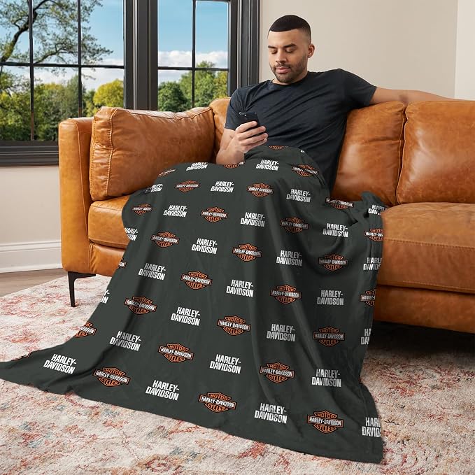 Harley-Davidson Shield Pattern Silk Touch Throw Blanket, 46 x 60 in | 100% Polyester, Velvety Feel, Lightweight Warmth, Couch Bed Chair Lounging, Giftable Indoor Comfort