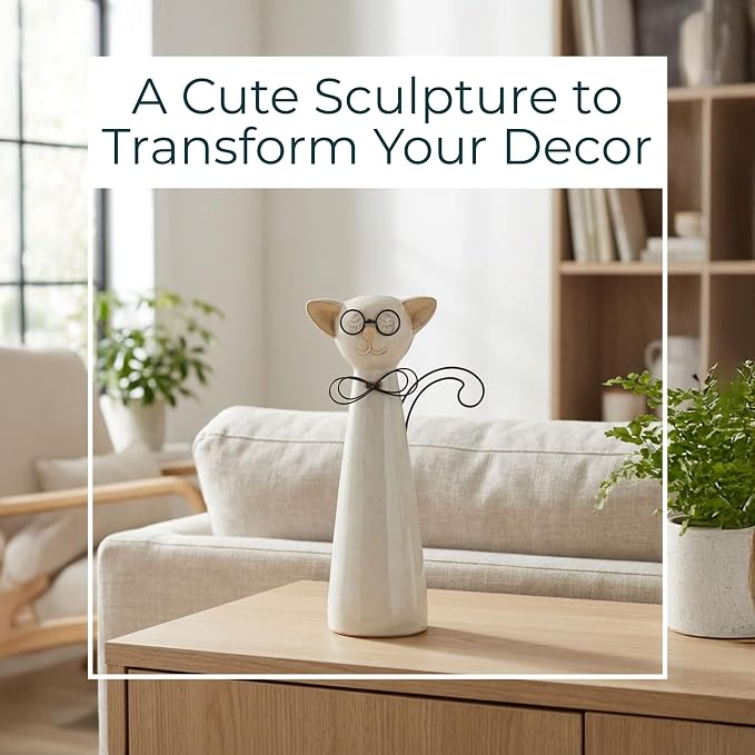 Ceramic Cat Figurine Sculpture – Playful Room Decor Accent, Shelf, Desk, or Console Placement, Whimsical Cat Home Decor With Glasses and Bow – 11", White