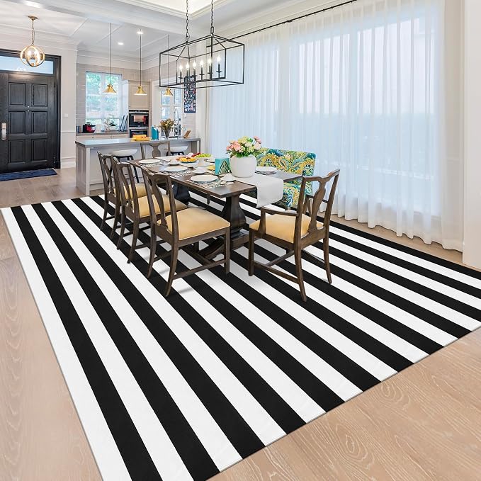 Black and White Striped Rug Woven Mat Outdoor Area Carpet 8x10 Feet | Black and White Thick Stripes Rug Cotton Washable Indoor/Outdoor Area Rug for Living Room Bedroom Bathroom Home Decor Carpet