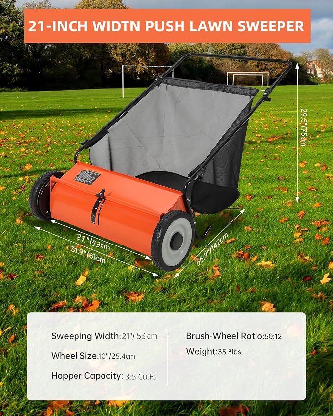 Push Lawn Sweeper for Leaves, 21" Width Heavy Duty Steel Frame Grass Catcher with 3.5 Cu. Ft. Hopper Bag & 4 Spinning Brushes for Yard and Garden Cleanup, Orange