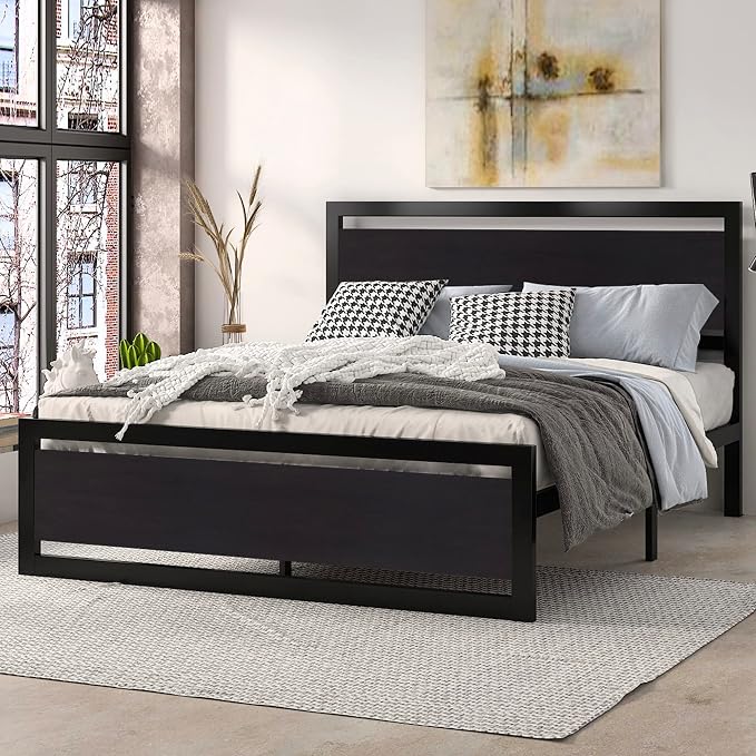 SHA CERLIN Heavy Duty Full Size Bed Frame with Modern Headboard, Black | Platform Metal Base with Square Footboard and 13 Strong Slats Support, No Box Spring Needed