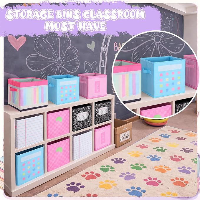 Kathfly 6 Pcs 11" Back to School Pastel Fabric Classroom Storage Bins Cubby Bins Storage Baskets with Handles for School Classroom Lost and Found Decor Office Home Organizer Supplies
