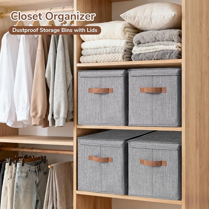 CHICVITA 4-Pack Large Fabric Storage Bins with Lids for Closet,Grey | 17.1" x 11.2" x 11.6" Storage Boxes for Shelves with Support Plate Fit Bedroom Storage Cubes with Handles for Clothes & Toys