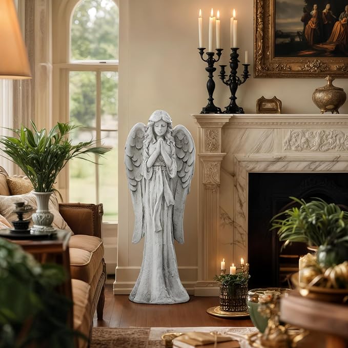 Praying Angel Statue Outdoor, Large Standing Garden Decor Figurine | Catholic Sculpture for Yard, Patio, or Cemetery. Memorial Guardian Angel Figurine for Outside and Indoor Display