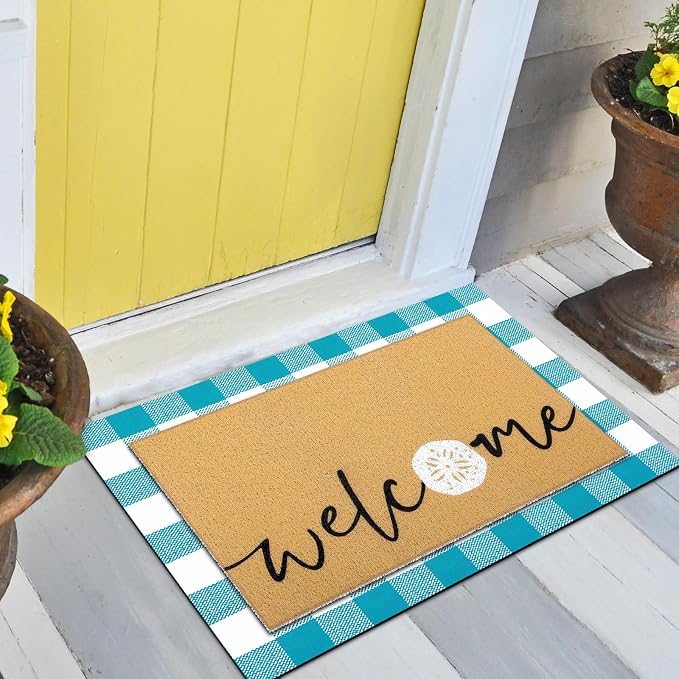Tinideya 2 Pcs Summer Layering Door Mat, Ocean Seashells Welcome Coir Mats with Non Slip Rug for Front Porch Entryway Decor