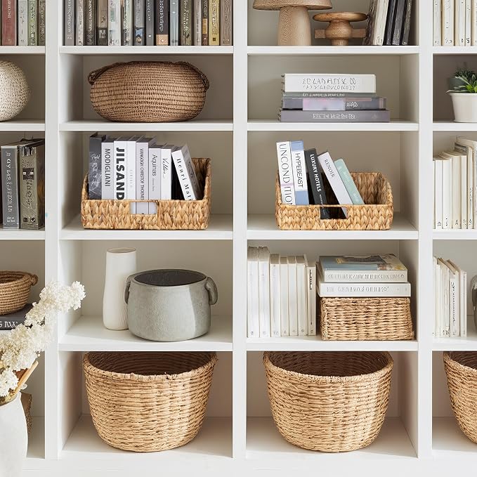 StorageWorks Pantry Baskets for Organizing, Water Hyacinth Baskets for shelves with Built-in Handles, Pantry Organizers and Storage, Set of 2 (Large and Medium)