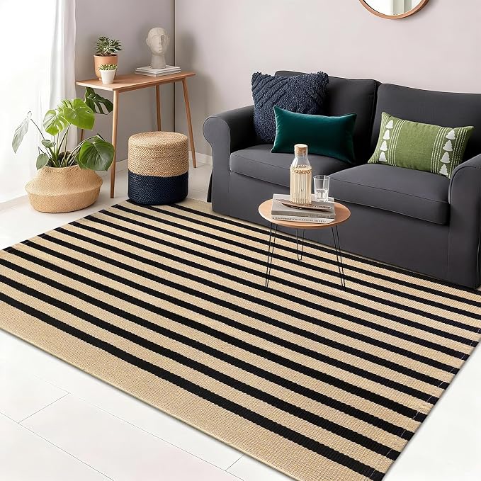 OLANLY Brown and Black Striped Rug 3' x 5' – Washable Cotton Doormat for Indoor Outdoor Use, Layered Front Porch Rug for Entryway, Kitchen, Patio