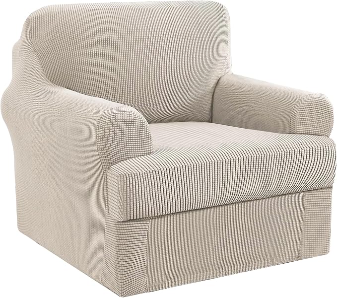 H.VERSAILTEX Stretch Armchair Covers Slipcover 2 Piece Chair Covers for Living Room Furniture Cover Suit for T Cushion/Box Cushion, Jacquard Fabric Small Checks(Armchair-Standard, Island Fossi)